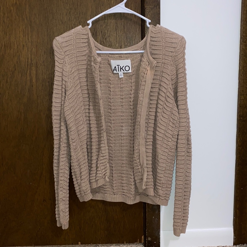 ATKO beige sweater with felt clasps to button up if desired!